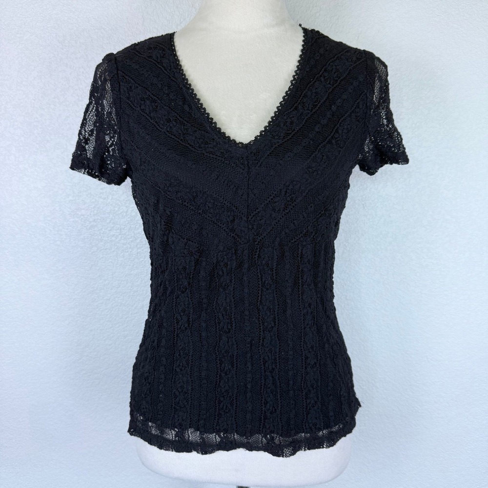 VTG Y2K BIYAY.C.D.A. Black Lace V Neck Short Sleeve Top Women's Size Medium Cute